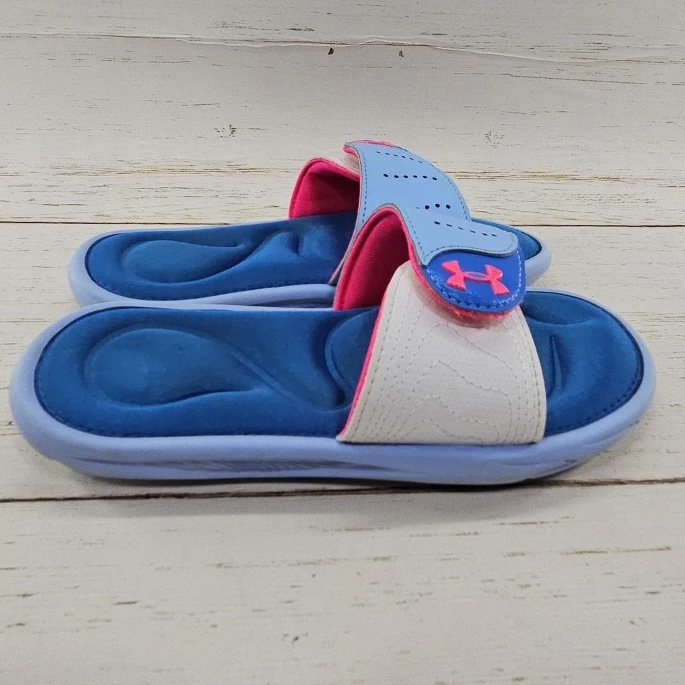 Under Armour Ignite VI Slides Youth Size‎ 2Y Blue Pink Adjustable Strap Sandals